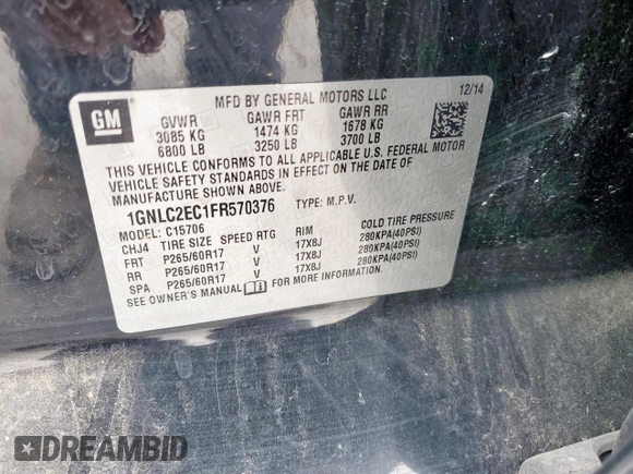 2015 Chevrolet Tahoe Commercial with VIN 1GNLC2EC1FR570376, listed as a Copart auction lot 47851215 with Not provided miles and Salvage title. Bid and sale history available at DreamBid. Image 13.