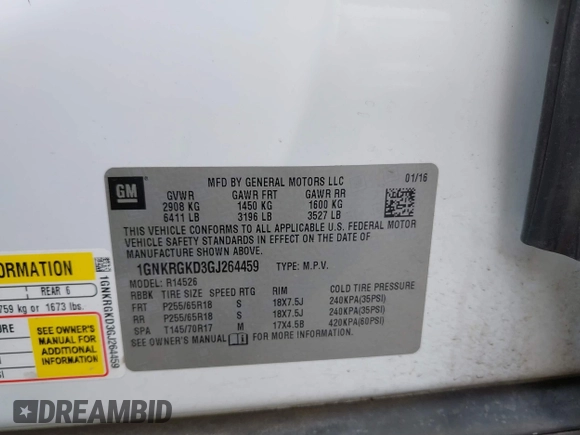 2016 Chevrolet Traverse LT with VIN 1GNKRGKD3GJ264459, listed as a IAAI auction lot 42549830 with 191,119 mi miles and . Bid and sale history available at DreamBid. Image 9.