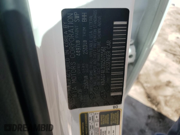 2016 Kia Optima LX with VIN KNAGT4L31G5071561, listed as a Copart auction lot 44413025 with 65,133 mi miles and Salvage Title. Bid and sale history available at DreamBid. Image 12.