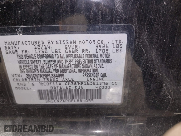 2015 Nissan Versa S Plus with VIN 3N1CN7AP0FL884099, listed as a IAAI auction lot 41510952 with Not Provided miles and . Bid and sale history available at DreamBid. Image 9.