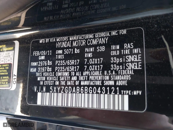2011 Hyundai Santa Fe GLS with VIN 5XYZGDAB6BG043121, listed as a IAAI auction lot 42037815 with 375,049 mi miles. Bid and sale history available at carsss.com. Image 9.