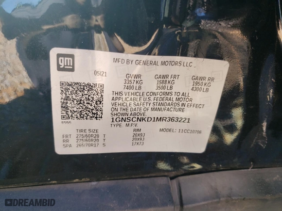 2021 Chevrolet Tahoe LT with VIN 1GNSCNKD1MR363221, listed as a Copart auction lot 49386995 with 59,789 mi miles and Salvage Title. Bid and sale history available at carsss.com. Image 15.