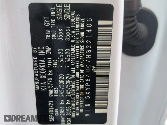 2022 Kia Telluride S with VIN 5XYP64HC7NG221406, listed as a Copart auction lot 56362715 with 50,398 mi miles and Salvage title. Bid and sale history available at DreamBid. Image 14.