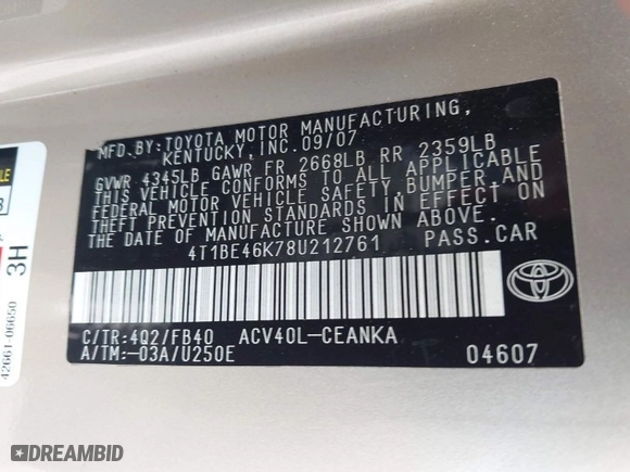 2008 Toyota Camry LE with VIN 4T1BE46K78U212761, listed as a IAAI auction lot 42044632 with 102,626 mi miles. Bid and sale history available at carsss.com. Image 9.