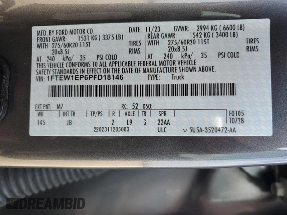 2023 Ford F-150 XL with VIN 1FTEW1EP6PFD18146, listed as a Copart auction lot 49029085 with 35,458 mi miles and Salvage Title. Bid and sale history available at carsss.com. Image 14.