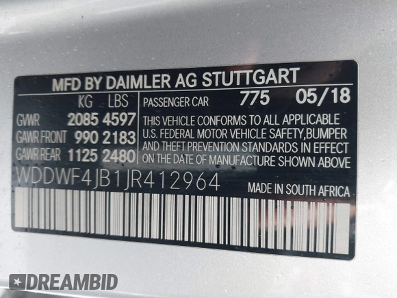 2018 Mercedes-Benz C 300 with VIN WDDWF4JB1JR412964, listed as a IAAI auction lot 41777909 with 81,356 mi miles and . Bid and sale history available at DreamBid. Image 9.