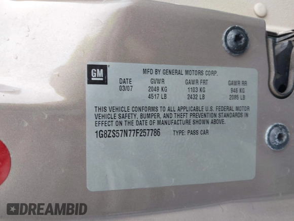 2007 Saturn Aura XE with VIN 1G8ZS57N77F257786, listed as a IAAI auction lot 41736785 with 82,998 mi miles and . Bid and sale history available at DreamBid. Image 8.