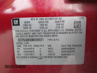 2011 GMC Terrain SLT-2 with VIN 2CTFLWE56B6308071, listed as a IAAI auction lot 41492373 with 111,431 mi miles and . Bid and sale history available at carsss.com. Image 9.