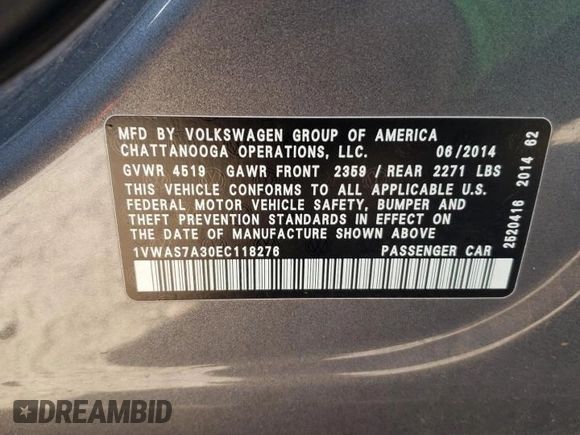 2014 Volkswagen Passat Wolfsburg Edition with VIN 1VWAS7A30EC118276, listed as a Copart auction lot 60730425 with 141,975 mi miles and Salvage title. Bid and sale history available at DreamBid. Image 12.