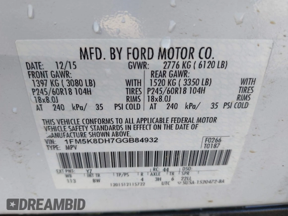 2016 Ford Explorer XLT with VIN 1FM5K8DH7GGB84932, listed as a IAAI auction lot 41748978 with 147,608 mi miles and . Bid and sale history available at carsss.com. Image 9.