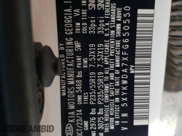 2015 Kia Sorento SX Limited with VIN 5XYKWDA7XFG650550, listed as a Copart auction lot 54193735 with 139,101 mi miles and Clean Title. Bid and sale history available at carsss.com. Image 14.