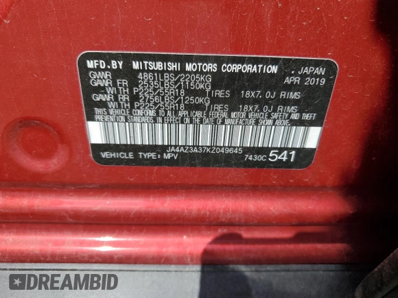 2019 Mitsubishi Outlander ES with VIN JA4AZ3A37KZ049645, listed as a Copart auction lot 63294975 with 65,169 mi miles and Salvage title. Bid and sale history available at DreamBid. Image 13.