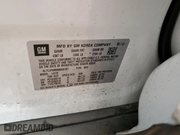 2022 Chevrolet Trax LT with VIN KL7CJPSM0NB556787, listed as a Copart auction lot 44207695 with 17,751 mi miles and Salvage Title. Bid and sale history available at DreamBid. Image 15.