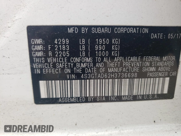 2017 Subaru Impreza Premium with VIN 4S3GTAD62H3736698, listed as a Copart auction lot 60856225 with 180,533 mi miles and Salvage title. Bid and sale history available at DreamBid. Image 12.