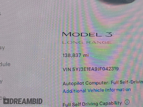 2018 Tesla Model 3 Long Range Battery z VIN 5YJ3E1EA9JF042319, wystawiony jako IAAI lot #41871931 z przebiegiem 138 837 mil mil oraz . Historia ofert i sprzedaży dostępna na DreamBid. Obrazek 16.