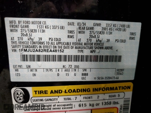 2024 Ford Expedition Limited с VIN 1FMJU2A82REA48152, выставлен на аукционе Copart как лот 59857365 с пробегом 50 653 миль миль и Чистый • Clean title. История ставок и продаж доступна на DreamBid. Изображение 13.