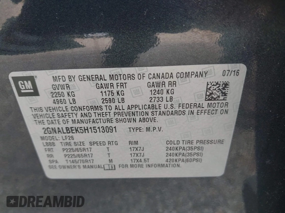 2017 Chevrolet Equinox LS z VIN 2GNALBEK5H1513091, wystawiony jako IAAI lot #42447922 z przebiegiem 240 192 mil mil oraz . Historia ofert i sprzedaży dostępna na DreamBid. Obrazek 9.