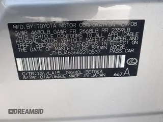 2008 Lexus ES 330 with VIN JTHBJ46G682210537, listed as a IAAI auction lot 42269546 with 161,827 mi miles and . Bid and sale history available at DreamBid. Image 9.