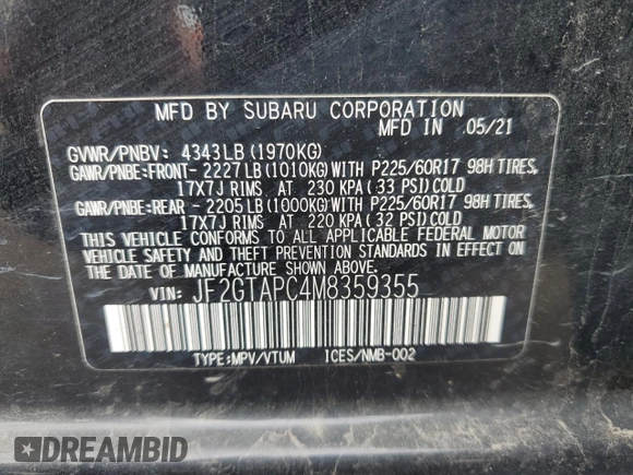 2021 Subaru Crosstrek Premium z VIN JF2GTAPC4M8359355, wystawiony jako Copart lot #55456115 z przebiegiem 55 040 mil mil oraz Czysty tytuł • Clean title. Historia ofert i sprzedaży dostępna na DreamBid. Obrazek 14.