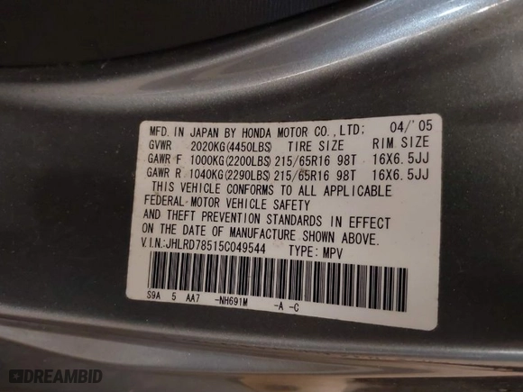 2005 Honda CR-V LX with VIN JHLRD78515C049544, listed as a IAAI auction lot 41807814 with 135,484 mi miles. Bid and sale history available at carsss.com. Image 9.