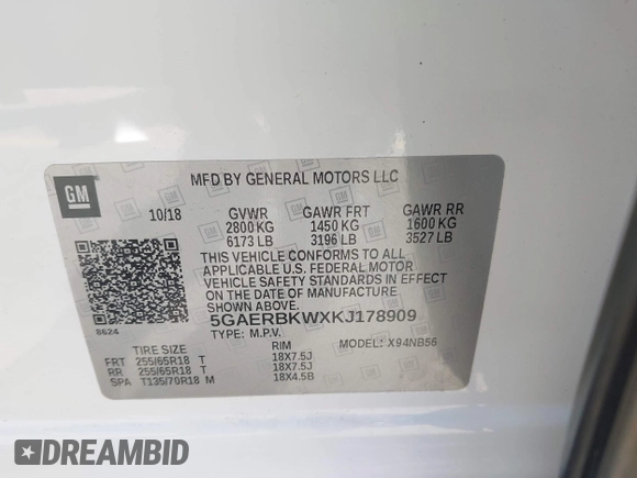 2019 Buick Enclave Essence with VIN 5GAERBKWXKJ178909, listed as a IAAI auction lot 41847831 with 55,974 mi miles and . Bid and sale history available at carsss.com. Image 9.
