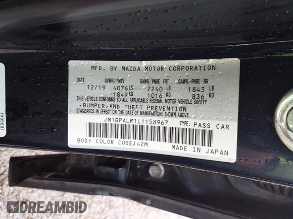 2020 Mazda 3 with VIN JM1BPALM1L1158967, listed as a IAAI auction lot 42196832 with 43,519 mi miles and . Bid and sale history available at DreamBid. Image 9.