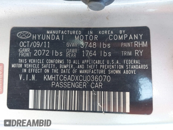 2012 Hyundai Veloster w/Black Int with VIN KMHTC6ADXCU036070, listed as a IAAI auction lot 41779990 with Not provided miles and . Bid and sale history available at DreamBid. Image 9.