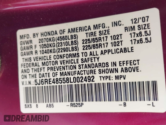 2008 Honda CR-V EX with VIN 5J6RE48558L002492, listed as a IAAI auction lot 41869359 with 130,554 mi miles and . Bid and sale history available at DreamBid. Image 9.
