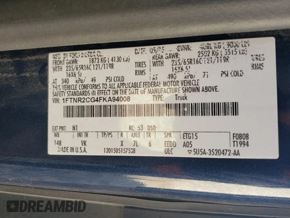 2015 Ford Transit with VIN 1FTNR2CG4FKA94008, listed as a Copart auction lot 60238194 with 238,468 mi miles and Salvage Title. Bid and sale history available at DreamBid. Image 14.