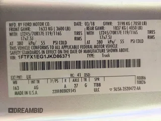 2018 Ford F-150 XL with VIN 1FTFX1EG1JKD86371, listed as a IAAI auction lot 42617305 with 212,187 mi miles and . Bid and sale history available at DreamBid. Image 9.