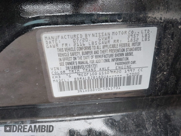 2020 Nissan Sentra S with VIN 3N1AB8BV0LY261731, listed as a IAAI auction lot 41685598 with 110,452 mi miles. Bid and sale history available at carsss.com. Image 9.