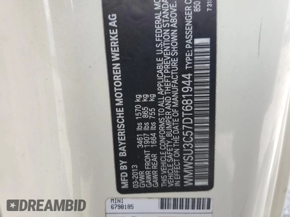 2013 MINI Hardtop с VIN WMWSU3C57DT681944, выставлен на аукционе Copart как лот 60126245 с пробегом 118 319 миль миль и Списание • Salvage title. История ставок и продаж доступна на DreamBid. Изображение 12.