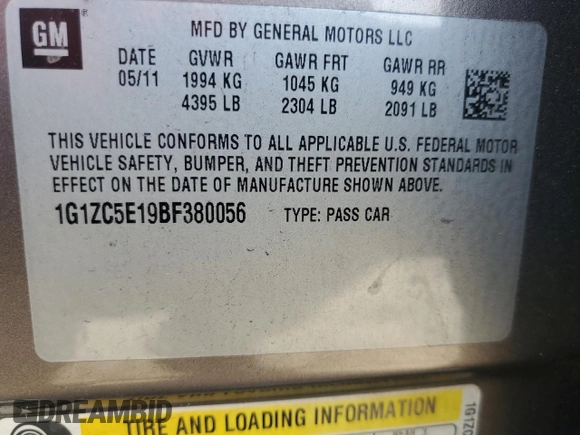 2011 Chevrolet Malibu 1LT with VIN 1G1ZC5E19BF380056, listed as a Copart auction lot 76332564 with 171,106 mi miles and Clean Title. Bid and sale history available at DreamBid. Image 12.