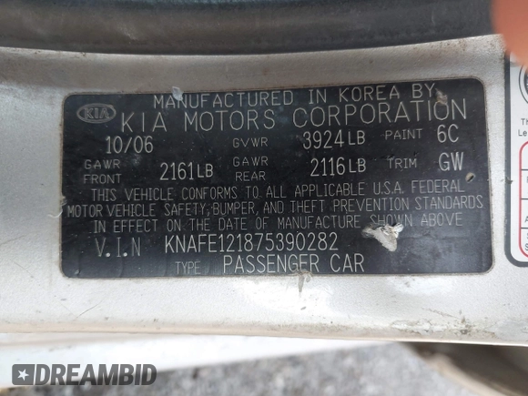 2007 Kia Spectra EX z VIN KNAFE121875390282, wystawiony jako IAAI lot #42258052 z przebiegiem 97 869 mil mil oraz . Historia ofert i sprzedaży dostępna na DreamBid. Obrazek 9.