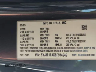 2025 Tesla Model 3 Long Range with VIN 5YJ3E1EAXSF974949, listed as a IAAI auction lot 41934237 with 260 mi miles and . Bid and sale history available at carsss.com. Image 9.