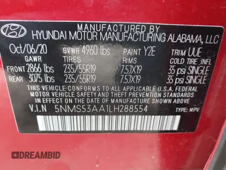 2020 Hyundai Santa Fe Limited with VIN 5NMS53AA1LH288554, listed as a IAAI auction lot 41928520 with 48,816 mi miles and . Bid and sale history available at DreamBid. Image 9.