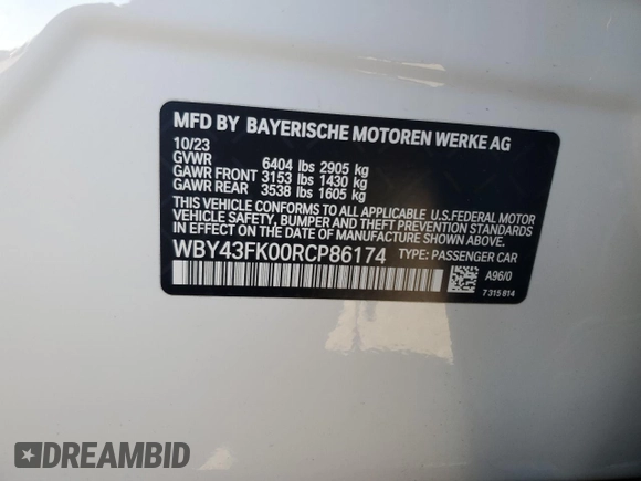 2024 BMW i5 M60 with VIN WBY43FK00RCP86174, listed as a Copart auction lot 45522685 with 7,392 mi miles and Salvage title. Bid and sale history available at DreamBid. Image 13.