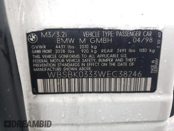 1998 BMW 3 Series M3 with VIN WBSBK0333WEC38246, listed as a Copart auction lot 84718054 with 165,736 mi miles and Salvage Title. Bid and sale history available at carsss.com. Image 13.