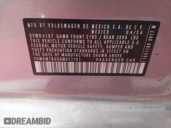 2024 Volkswagen Jetta S with VIN 3VW5M7BU5RM077151, listed as a IAAI auction lot 42796121 with 19,887 mi miles and . Bid and sale history available at DreamBid. Image 23.