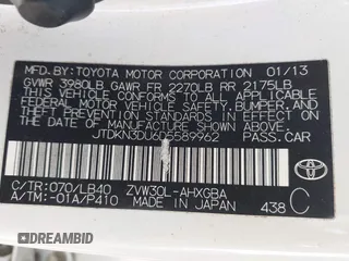 2013 Toyota Prius One with VIN JTDKN3DU6D5589962, listed as a IAAI auction lot 41929274 with 156,484 mi miles. Bid and sale history available at carsss.com. Image 9.