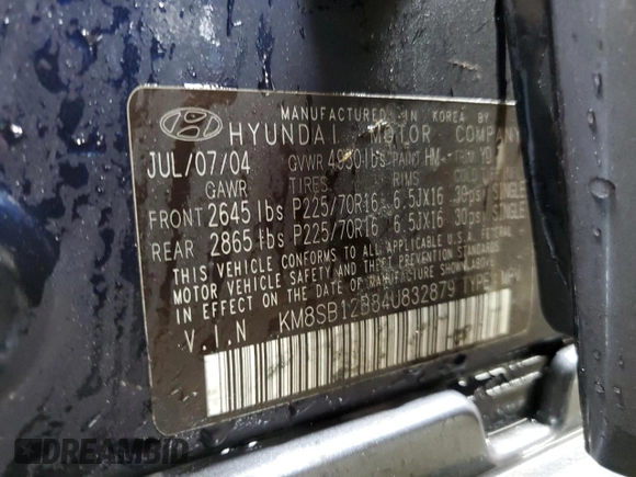 2004 Hyundai Santa Fe with VIN KM8SB12B84U832879, listed as a Copart auction lot 43622825 with 194,945 mi miles and Salvage Title. Bid and sale history available at carsss.com. Image 12.