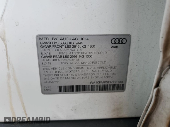 2015 Audi Q5 Premium with VIN WA1CFAFPXFA065733, listed as a Copart auction lot 59793155 with 133,803 mi miles and Salvage title. Bid and sale history available at DreamBid. Image 14.