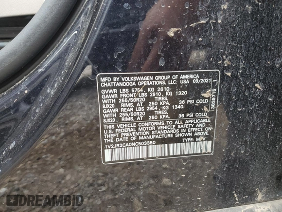 2022 Volkswagen Atlas SE with VIN 1V2JR2CA0NC503350, listed as a Copart auction lot 87753355 with 93,417 mi miles and Salvage title. Bid and sale history available at DreamBid. Image 13.