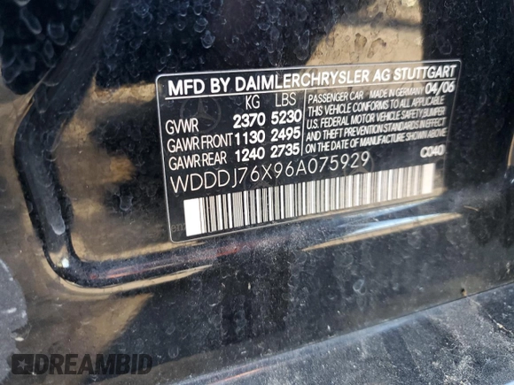 2006 Mercedes-Benz CLS-Class AMG with VIN WDDDJ76X96A075929, listed as a Copart auction lot 75365204 with 150,390 mi miles and Salvage Title. Bid and sale history available at carsss.com. Image 15.