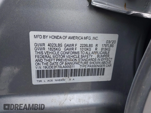 2020 Acura ILX w/Premium Pkg with VIN 19UDE2F70LA005511, listed as a IAAI auction lot 41653952 with 28,853 mi miles. Bid and sale history available at carsss.com. Image 9.