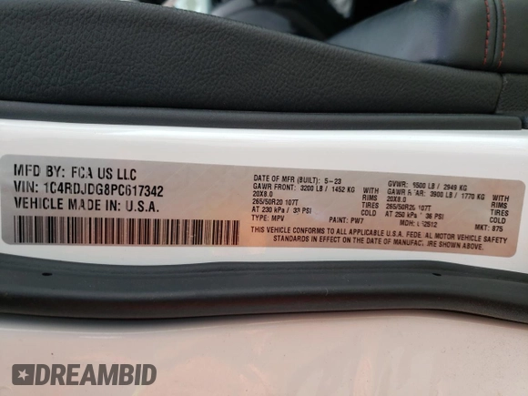 2023 Dodge Durango GT с VIN 1C4RDJDG8PC617342, выставлен на аукционе Copart как лот 50055925 с пробегом Не указан миль и Списание • Salvage title. История ставок и продаж доступна на DreamBid. Изображение 13.