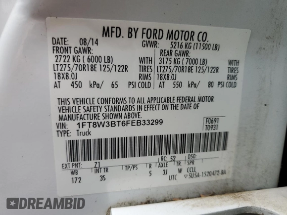 2015 Ford F-350 Platinum z VIN 1FT8W3BT6FEB33299, wystawiony jako Copart lot #50823435 z przebiegiem 147 533 mil mil oraz Szkoda całkowita • Salvage title. Historia ofert i sprzedaży dostępna na DreamBid. Obrazek 12.