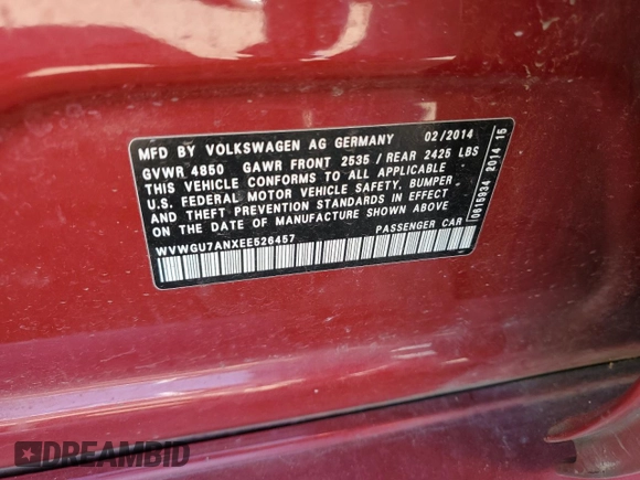 2014 Volkswagen CC Executive with VIN WVWGU7ANXEE526457, listed as a Copart auction lot 55958045 with 118,210 mi miles and Salvage title. Bid and sale history available at DreamBid. Image 12.