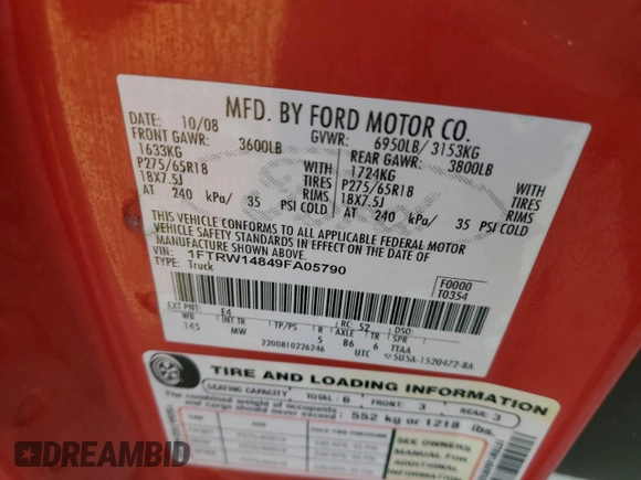 2009 Ford F-150 XL with VIN 1FTRW14849FA05790, listed as a Copart auction lot 87194234 with 212,721 mi miles and Salvage Title. Bid and sale history available at DreamBid. Image 14.