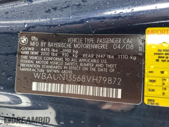 2008 BMW 1 Series 128i with VIN WBAUN13568VH79872, listed as a Copart auction lot 84215904 with 82,388 mi miles and Salvage title. Bid and sale history available at DreamBid. Image 12.